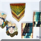 J111. 2 Pairs of fabric earrings and chevron pin. - $30 for the lot 